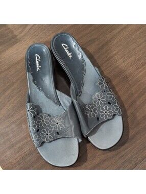 Womens Clarks Leather Sandals 11 blue Wedge Heel Daisy comfort travel cruise